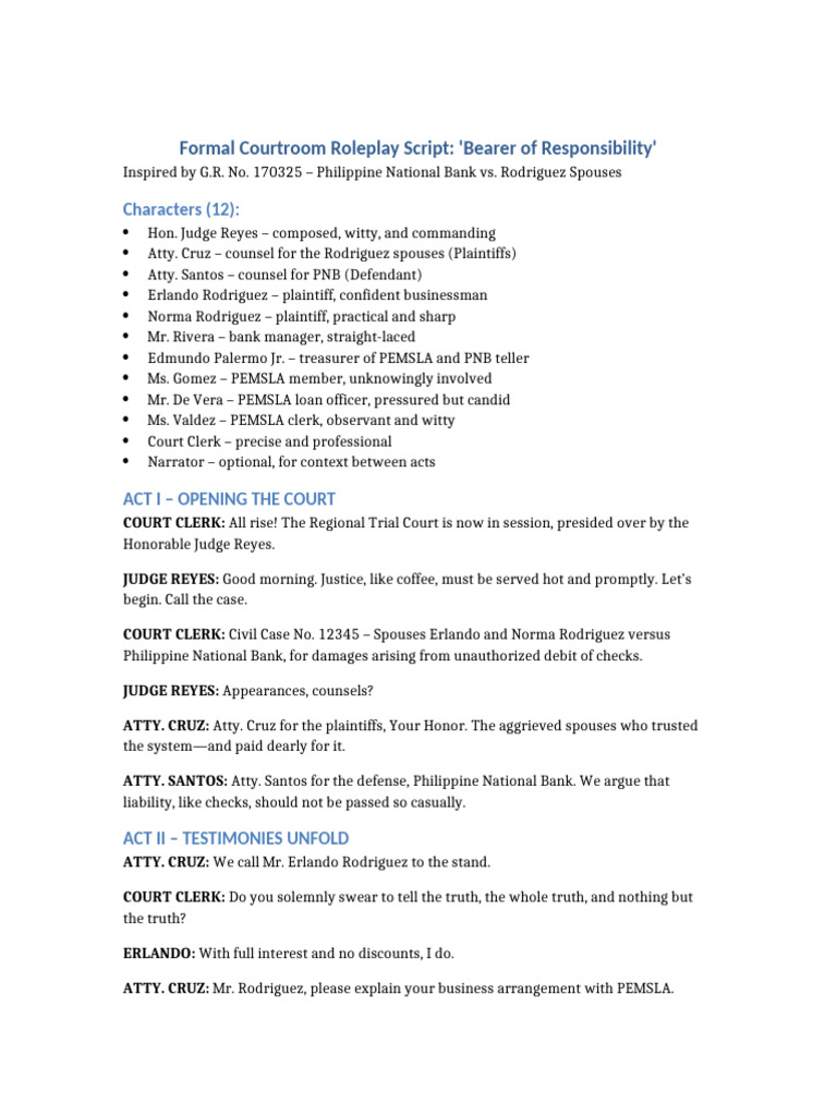 PNB Vs Rodriguez Roleplay Script With Norma | PDF | Justice | Crime ...
