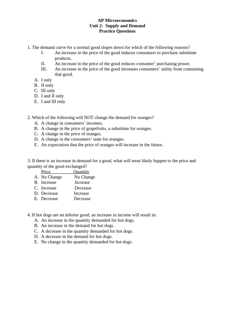 Additional Unit 2 Practice MC Questions | PDF | Demand | Elasticity ...