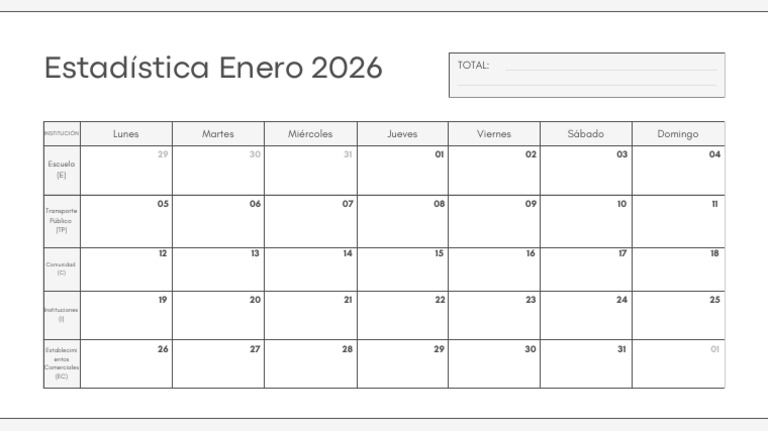 Calendario Mensual Enero Año 2026 Simple Sencillo Blanco y Gris ...