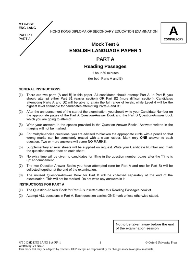 Mock Test 6 English Language Paper 1 Part A Reading Passages | PDF ...