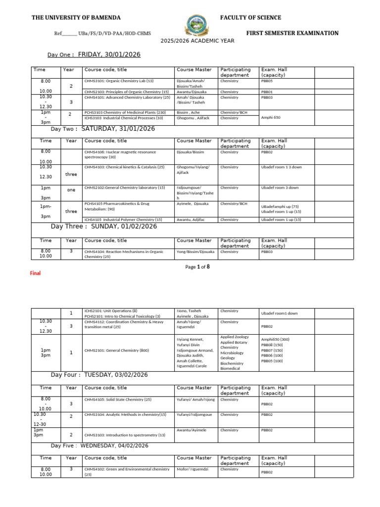 Final FS 1st Semester Examination 2026 UG - CHMS | PDF | Chemistry ...