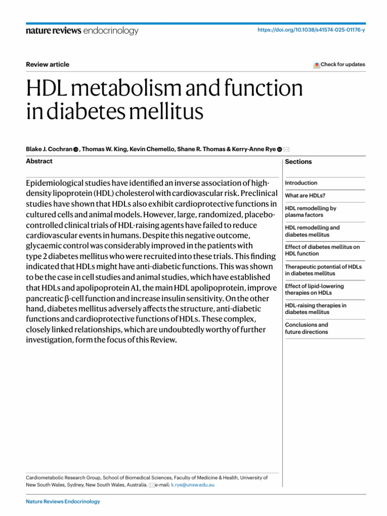 HDL Metabolism and Function in Diabetes Mellitus | PDF | High Density ...