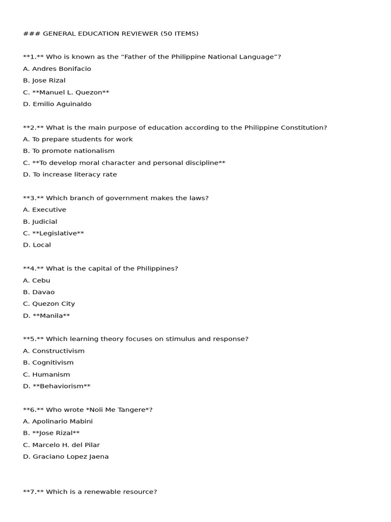 General Education 50 Items Reviewer | PDF | Philippines | Part Of Speech