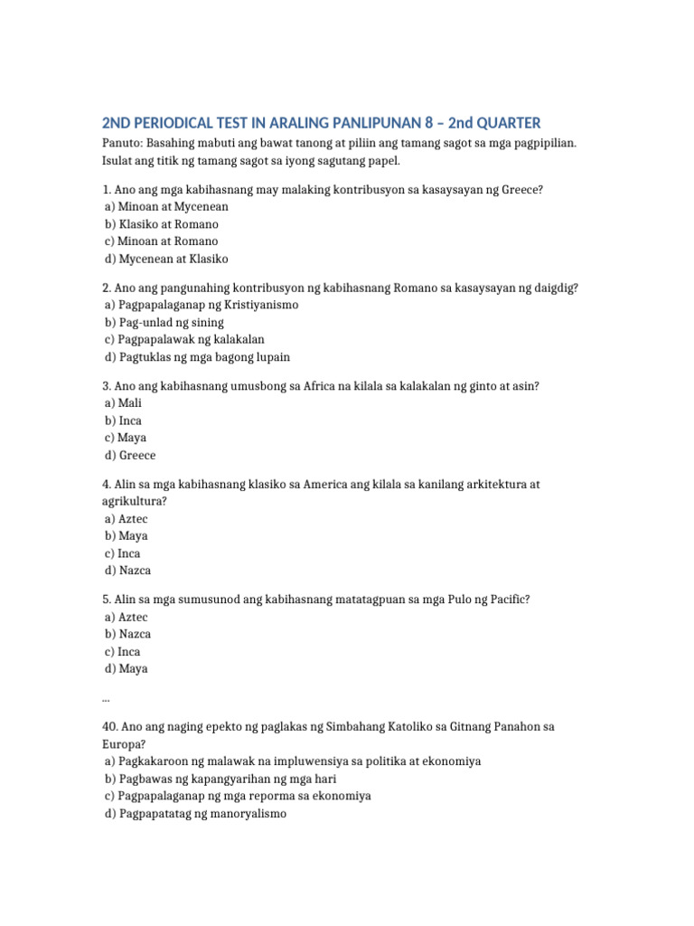 AP8 2nd Periodical Test 40 Items With TOS | PDF