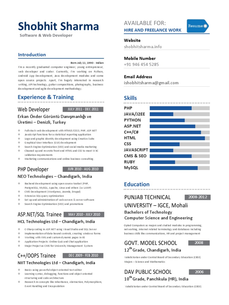 Shobhit Sharma: Web Developer Profile | PDF | Php | Software Development