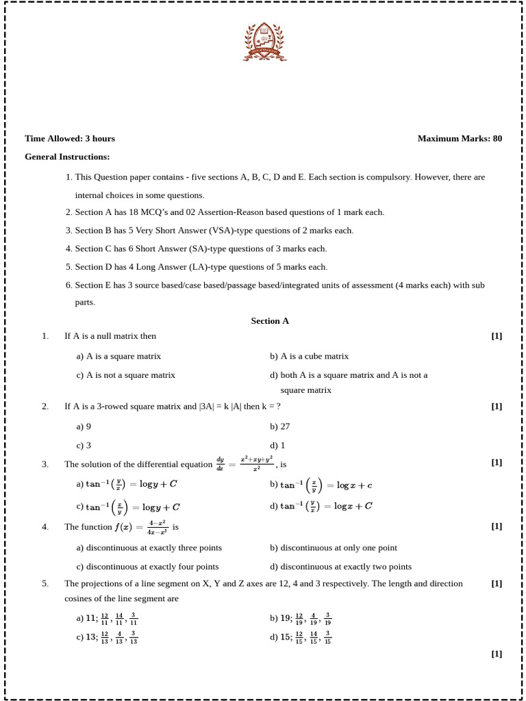 Xii Maths Pre-Board Vi Exam 80 Marks, 25-26 | PDF | Algebra | Mathematics