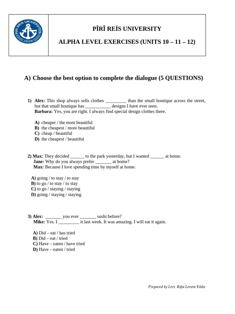 Units 10 - 11 - 12 - ALPHA LEVEL EXERCISES by Rıfat Levent Yıldız | PDF