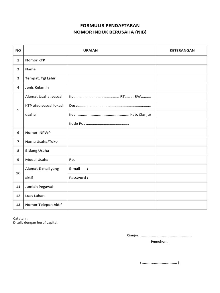 Formulir Pendaftaran Nib | PDF