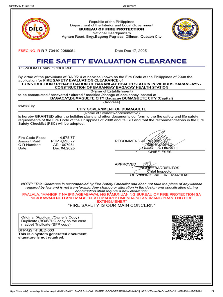 Fire Safety Evaluation Clearance: Fsec No. R | PDF | Fire Safety ...