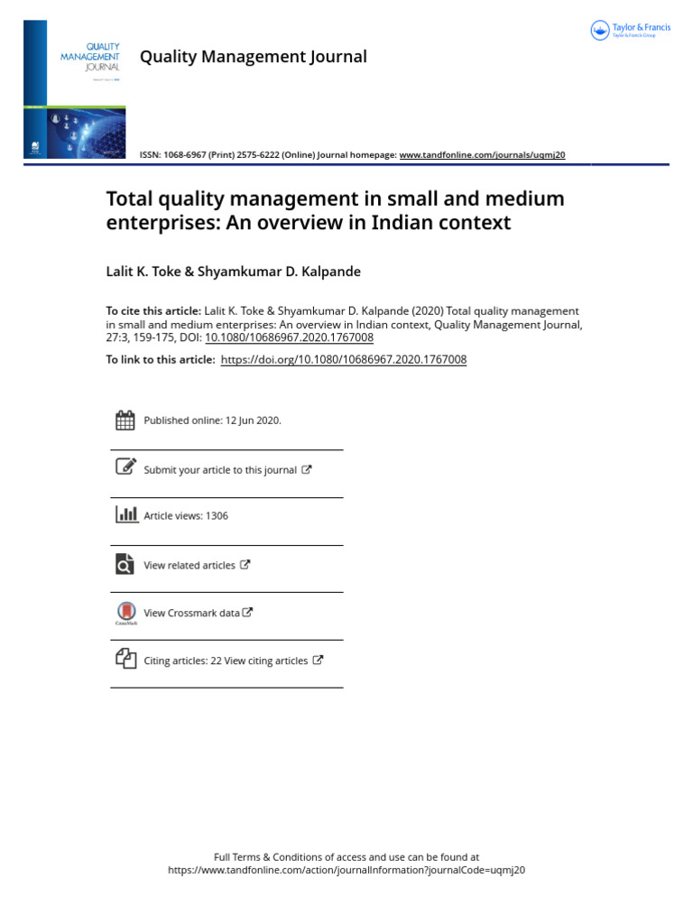 Total Quality Management in Small and Medium Enterprises An Overview in ...