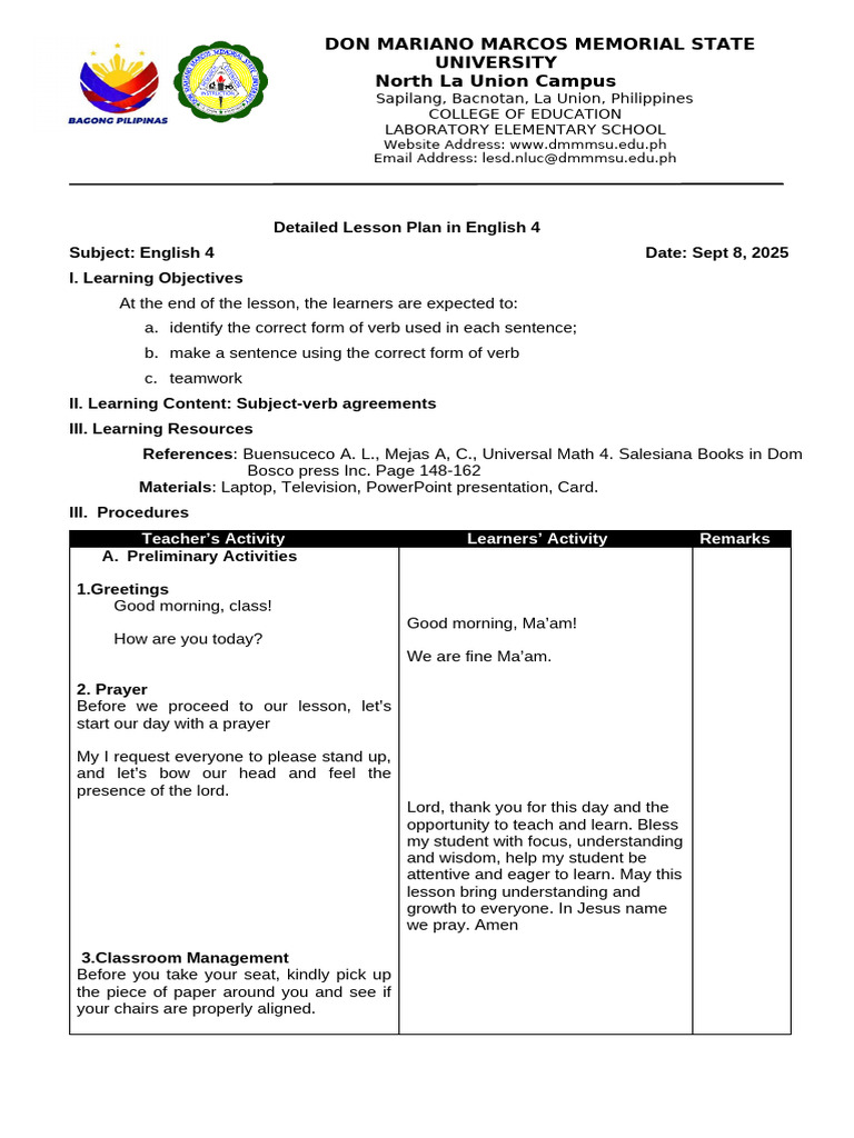 Detailed Lesson Plan in English 4 | PDF | Grammatical Number | Subject ...