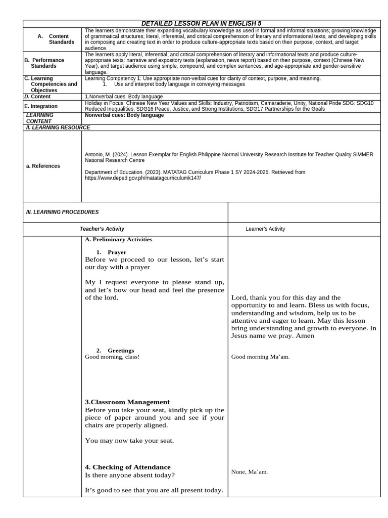 Detailed Lesson Plan in English 5 | PDF | Body Language | Nonverbal ...