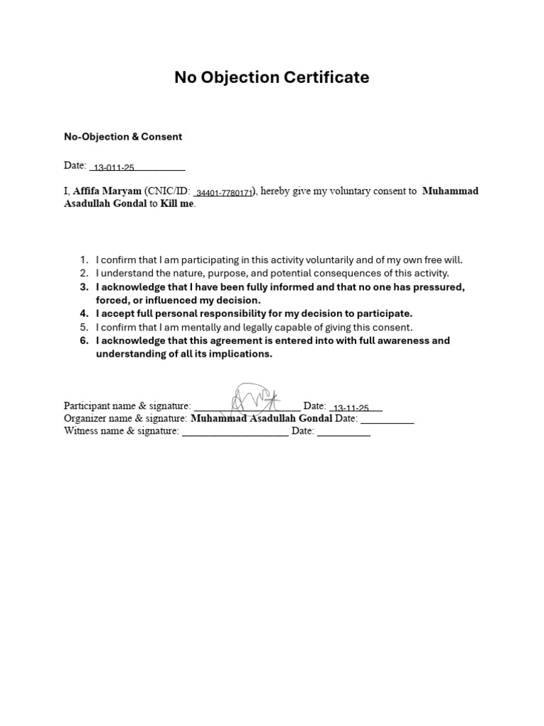 No Objection Certificate: Affifa Maryam Muhammad Asadullah Gondal Kill ...