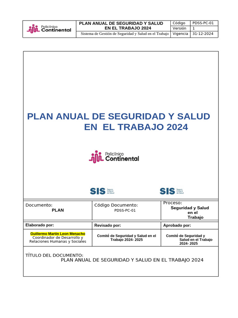Plan Anual de Seguridad y Salud en El Trabajo 2023.POLICLINICO | PDF ...