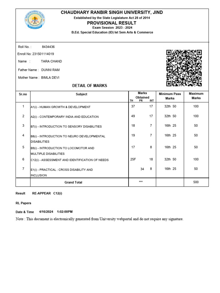 Provisional Marksheet | PDF