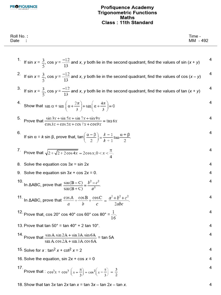 Trigonometric Functions Questions | PDF | Trigonometric Functions | Angle