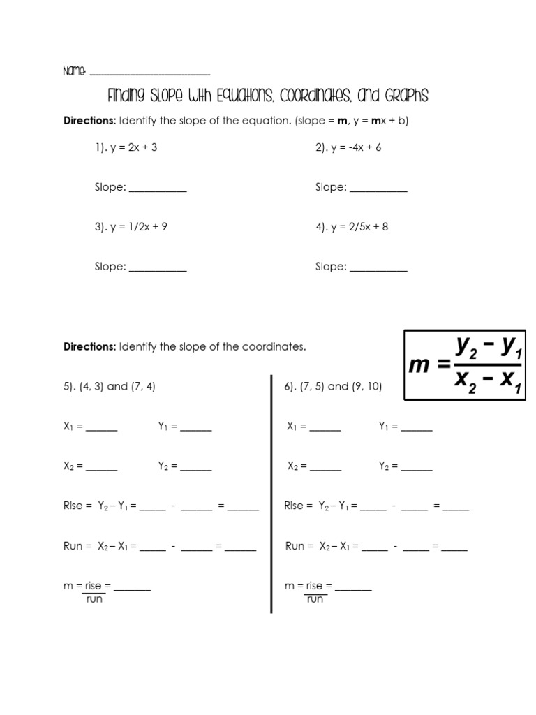 Finding Slope With Equations, Coordinates, and Graphs: Directions: M M ...
