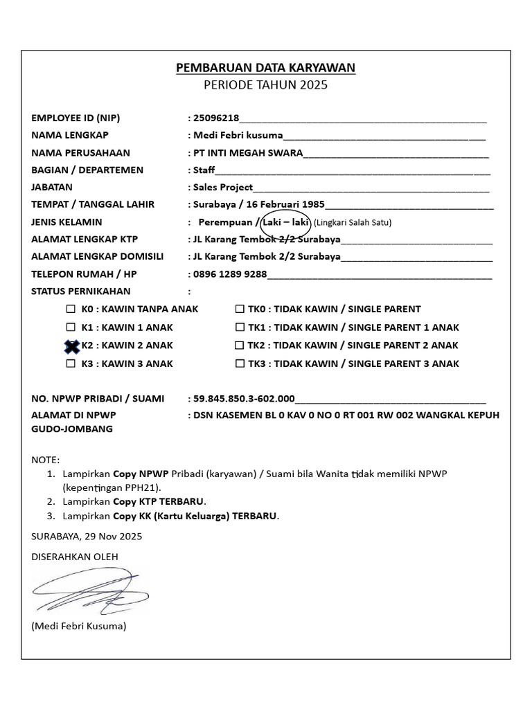 2025 - Form Pembaruan Data Karyawan 250812 - SURABAYA | PDF