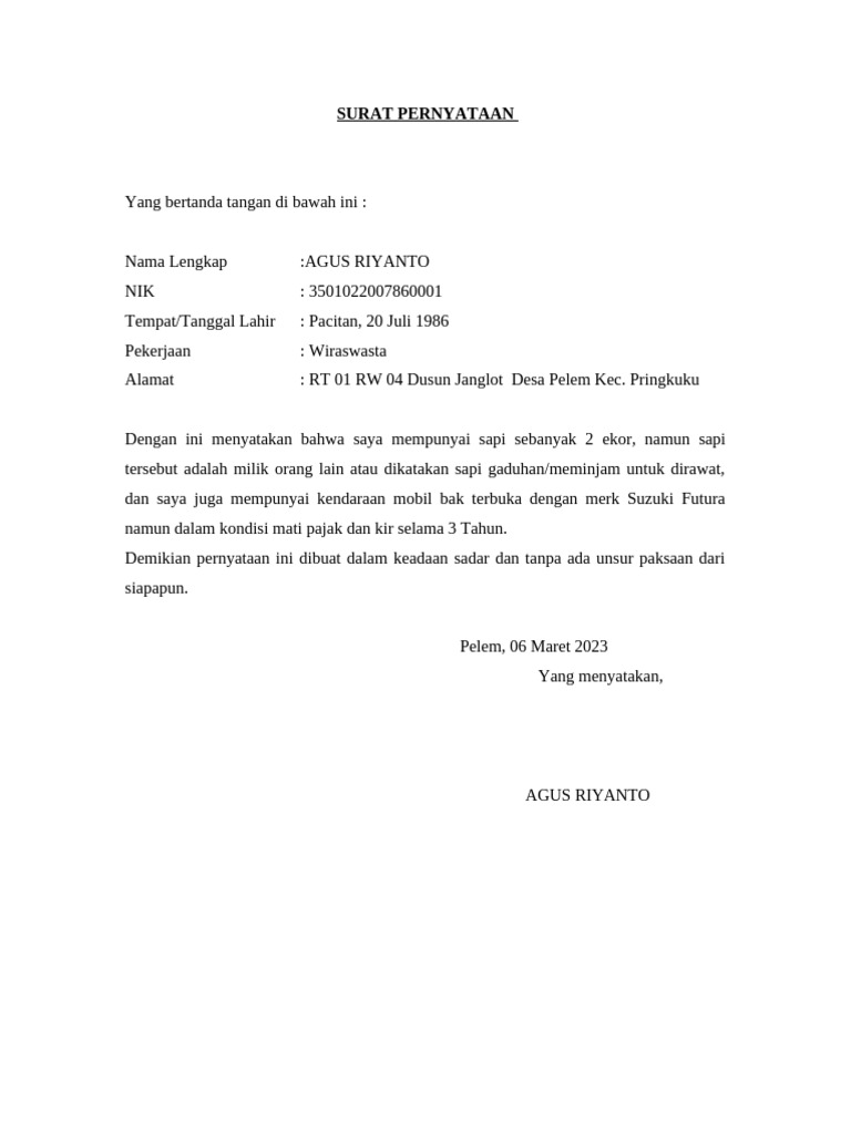 Surat-Pernyataan Agus Riyanto | PDF