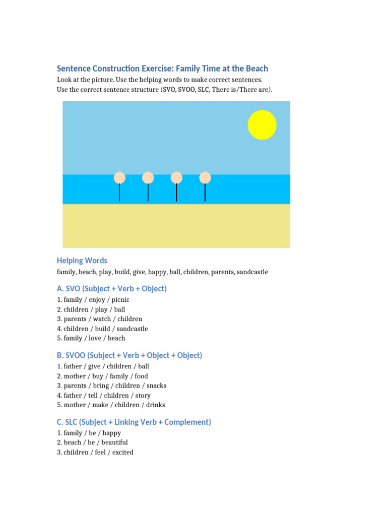 Family Beach Sentence Exercise | PDF