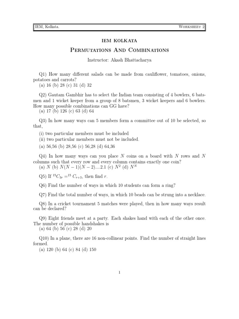 Permutations and Combinations Worksheet 2 | PDF | Athletic Sports ...