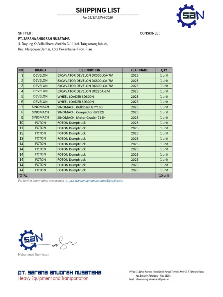 Shipping List PTSAN | PDF | Construction Equipment | Industrial Equipment
