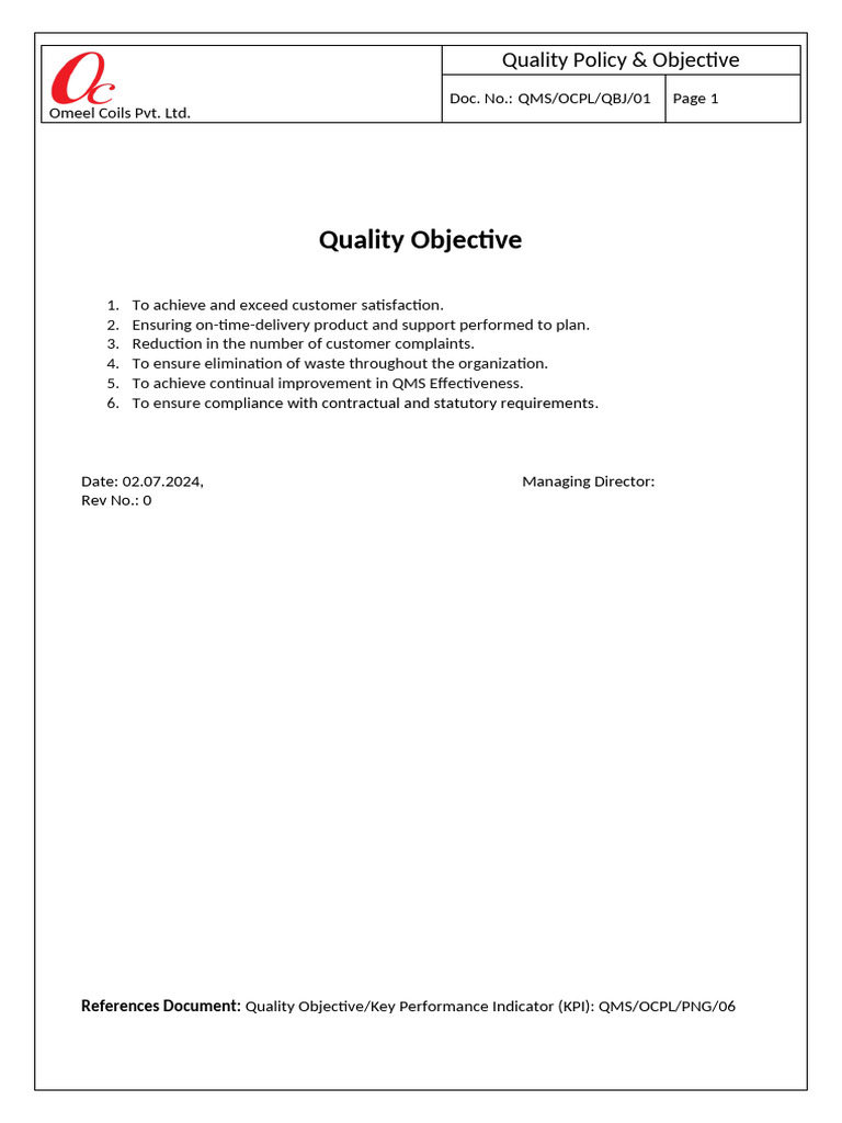 Quality Objective - Omeel Coils Pvt. Ltd. (Draft) | PDF