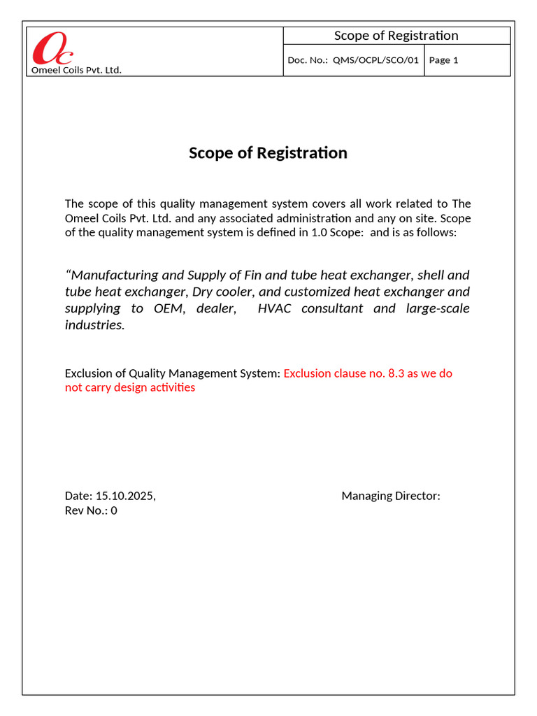 Scope of QMS - Omeel Coils Pvt. Ltd. (Draft) | PDF