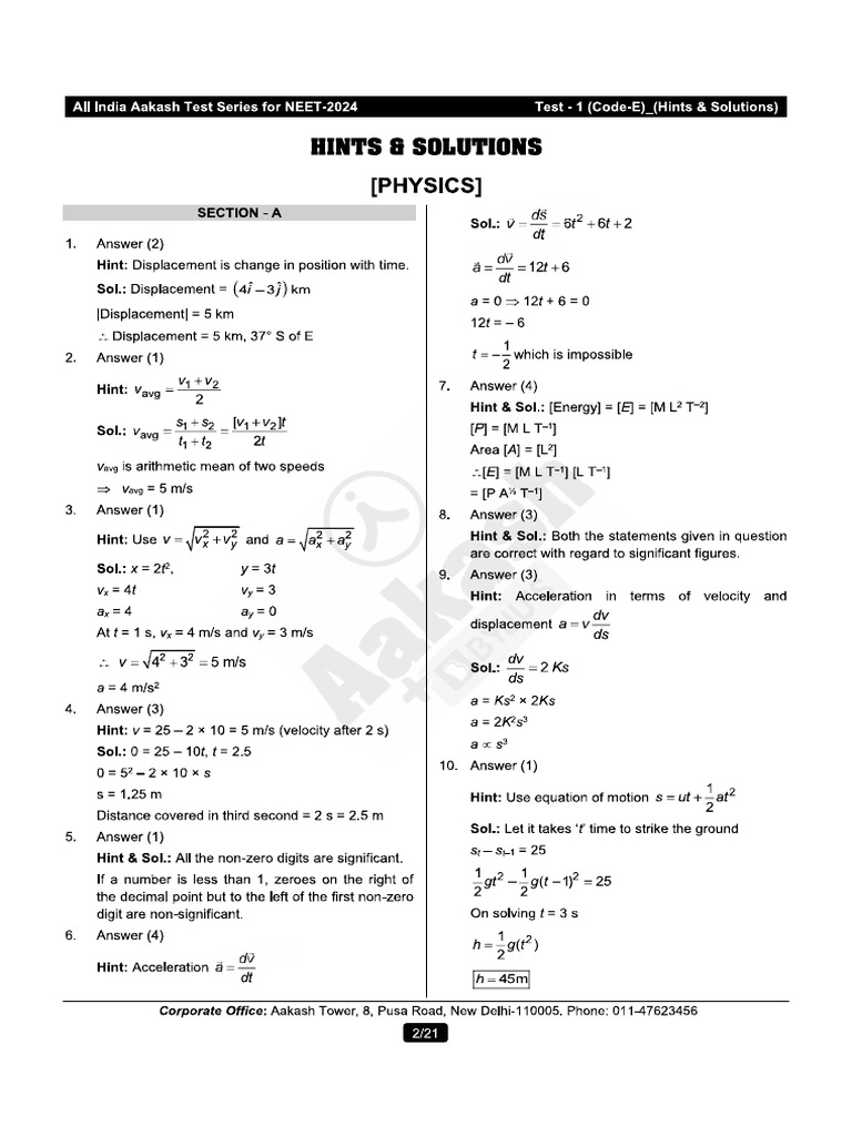 Test 01 Code E Sol | PDF