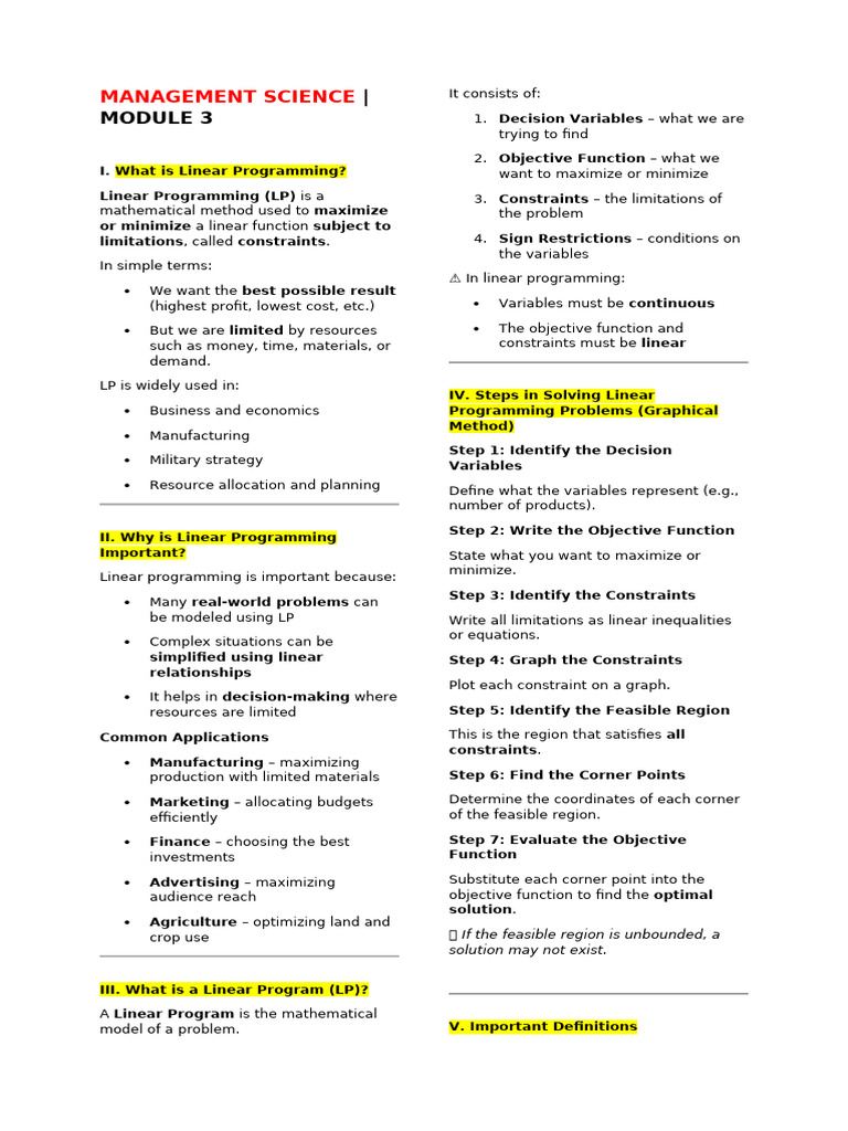 Management Science Moduel 3 | PDF | Linear Programming | Mathematical ...
