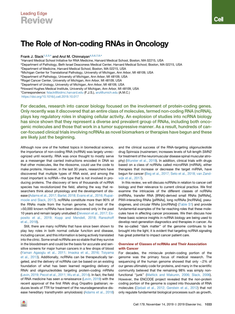 The Role of Non Coding RNAs in Oncology Cell | PDF | Micro Rna | Gene ...
