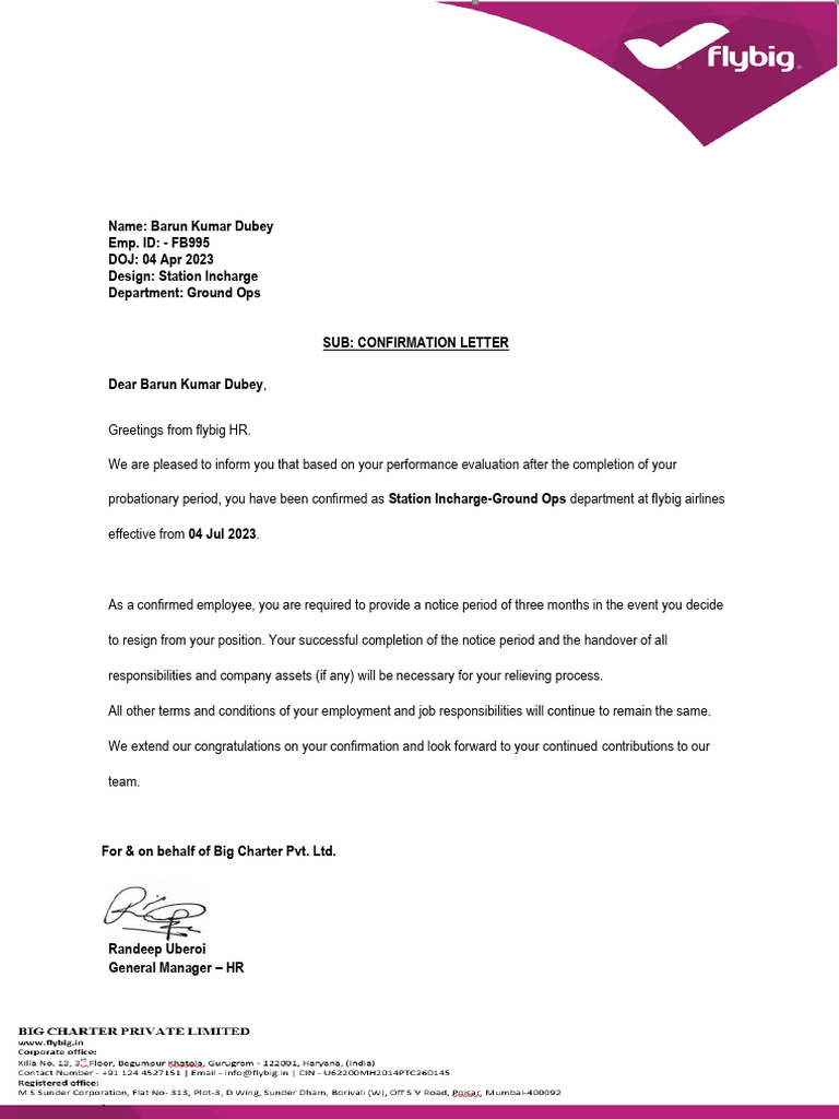 LetterFB995202406Confirmation Letters | PDF