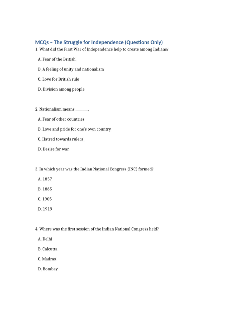 The Struggle for Independence Questions Only | PDF | Indian National ...