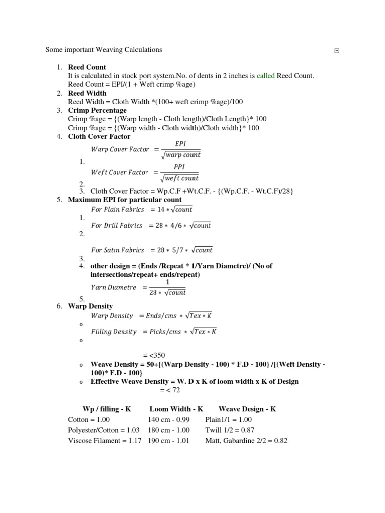 Weaving Calculation Formulas Guide | PDF | Textiles | Weaving