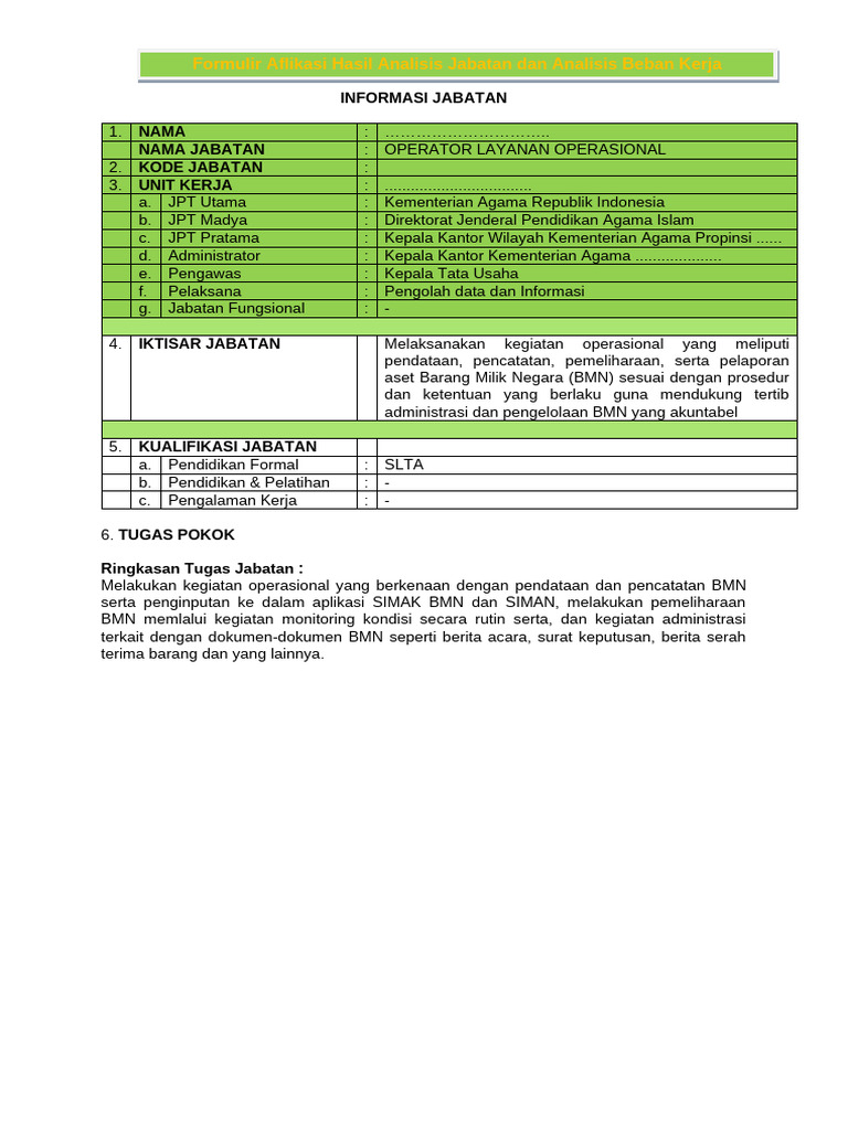 Format B Anjab Operator Layanan Operasional | PDF