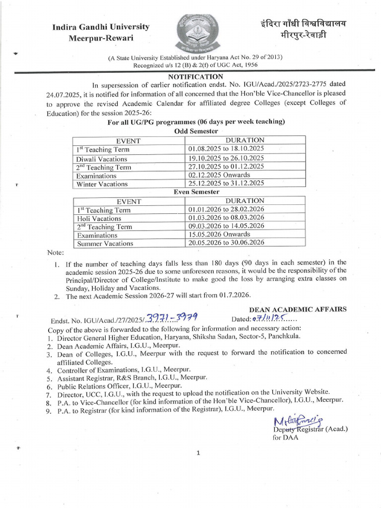 Revised Academic Calendar of UG PG Programmes For Affiliated Colleges | PDF
