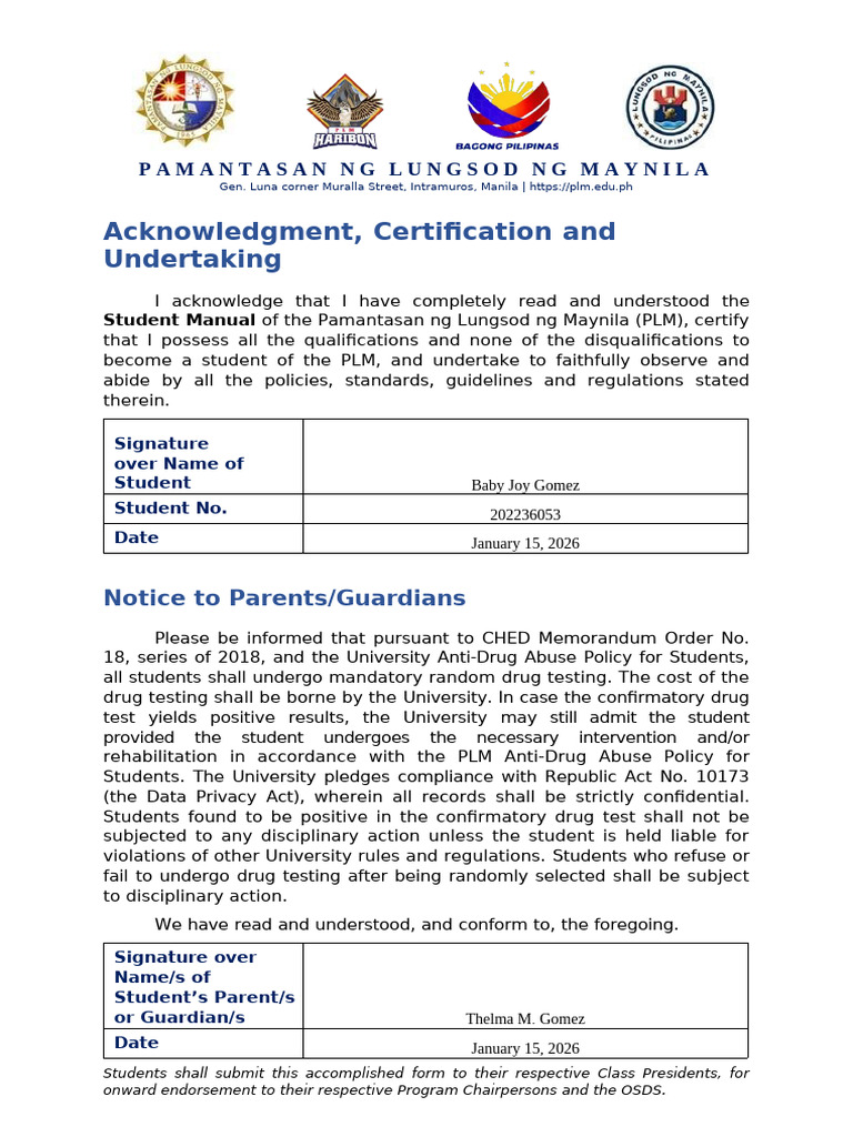 Acknowledgment Certification and Undertaking and Notice to Parents or ...