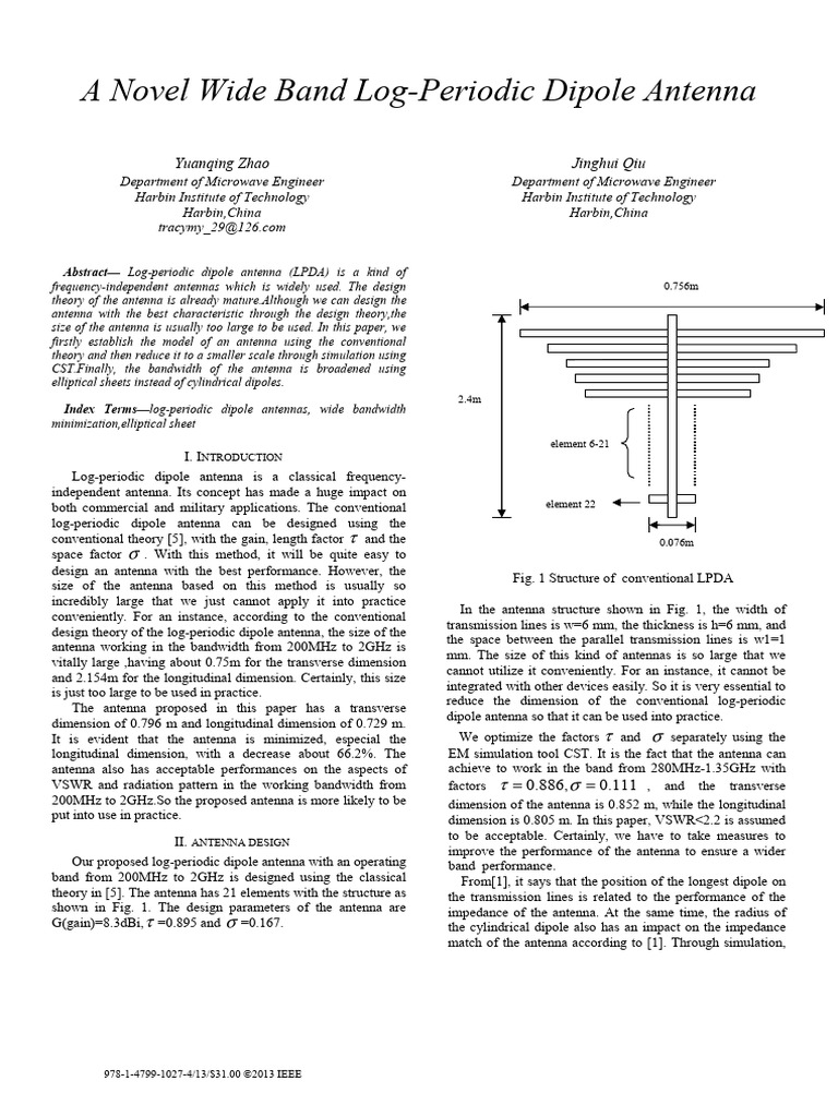 A Novel Wide Band Log-Periodic Dipole Antenna | PDF | Antenna (Radio ...