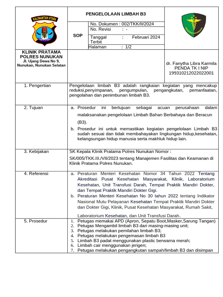 Sop Pengelolaan Limbah b3 | PDF