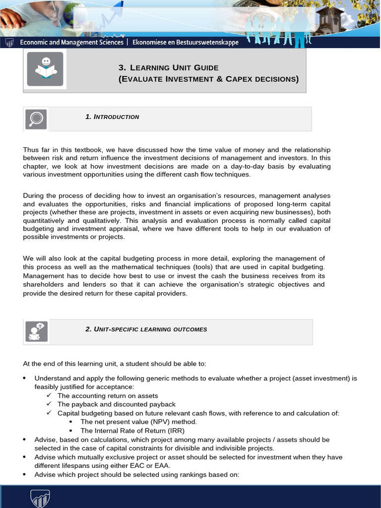 LU 5 & LU 6 Investment Appraisal and Capital Budgeting | PDF | Capital ...