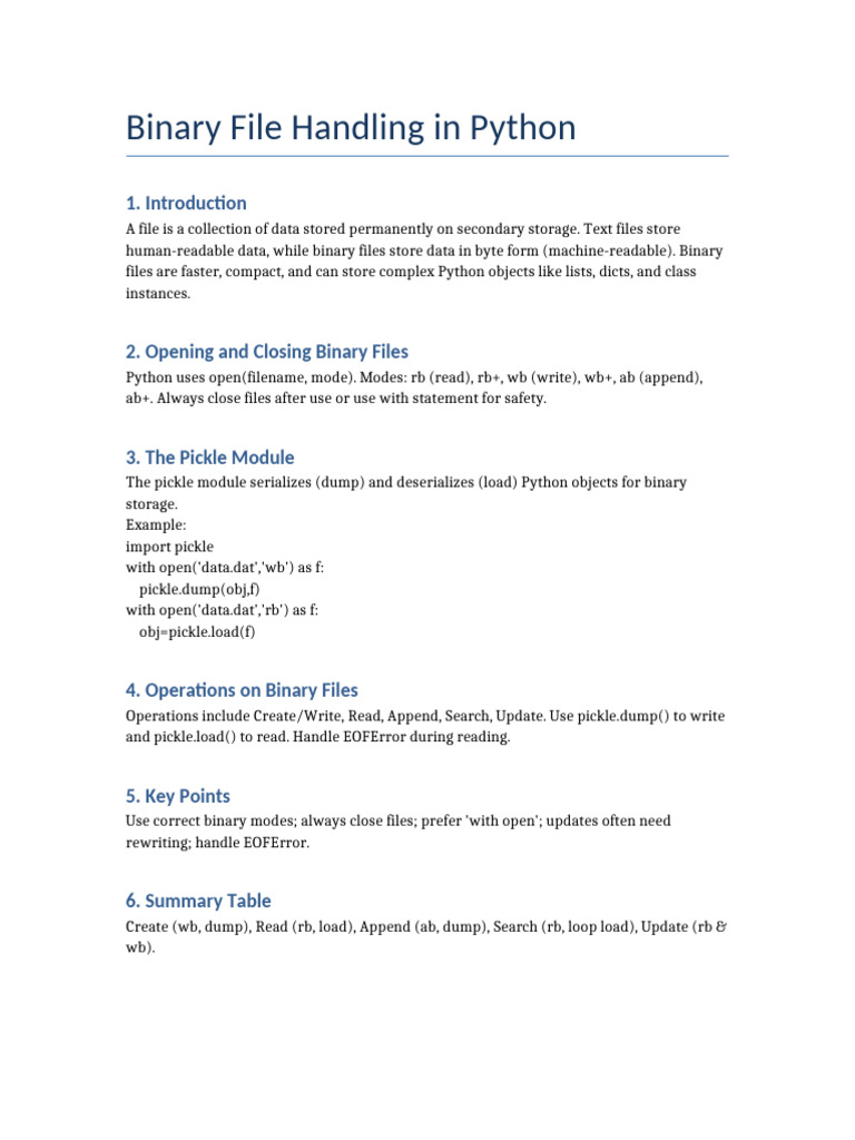 Binary File Handling Notes | PDF