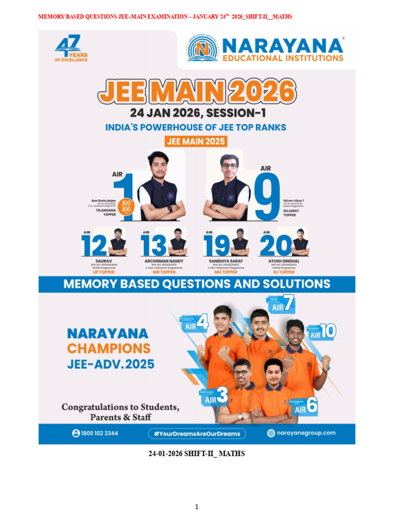 24 01 2026 - Jee Main (Session 1) Shift II - Maths - Memory Based ...