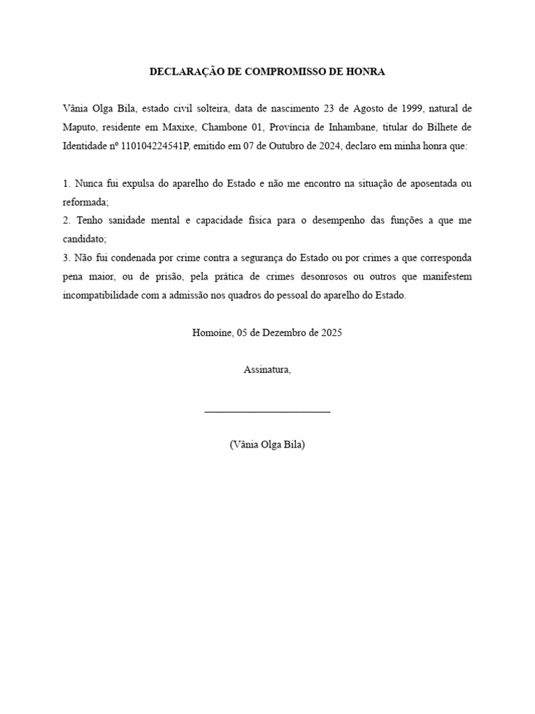 Declaração de Compromisso de Honra | PDF
