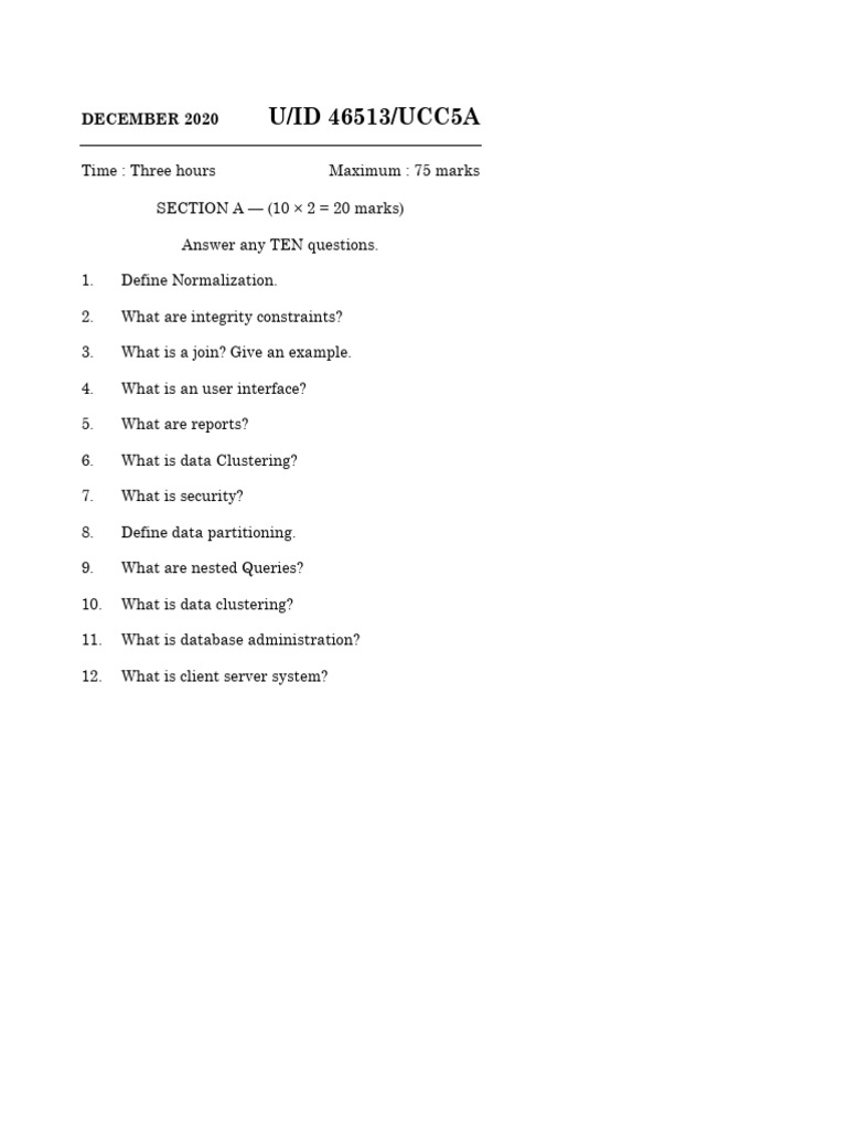 DBMS UCC5A pyq | PDF | Databases | Sql