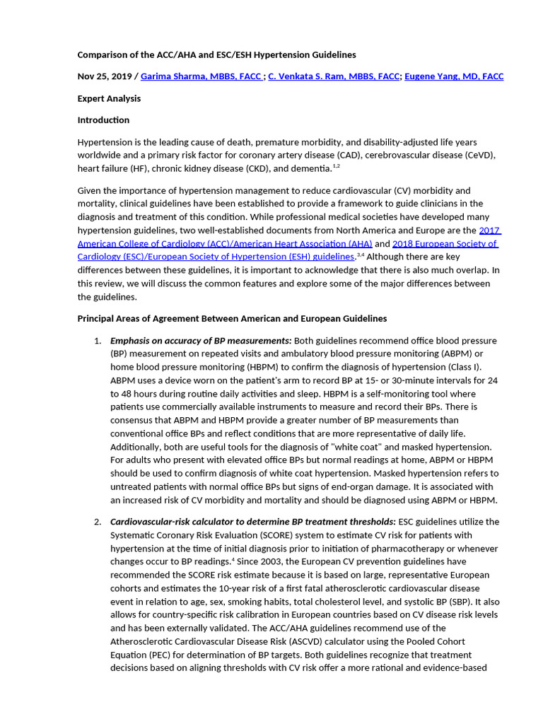 Comparison of The ACCAHA and ESC and ESH Hypertension Guidelines | PDF ...