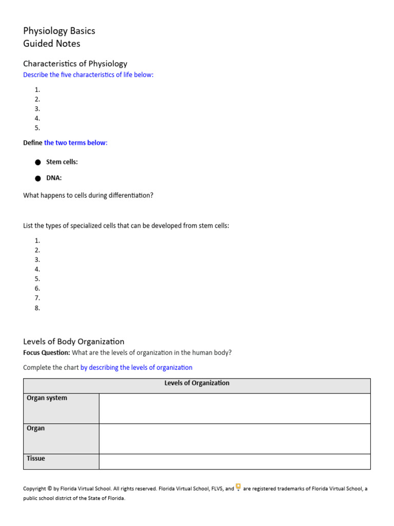 Guided Notes Physiology Basics | PDF | Tissue (Biology) | Muscle