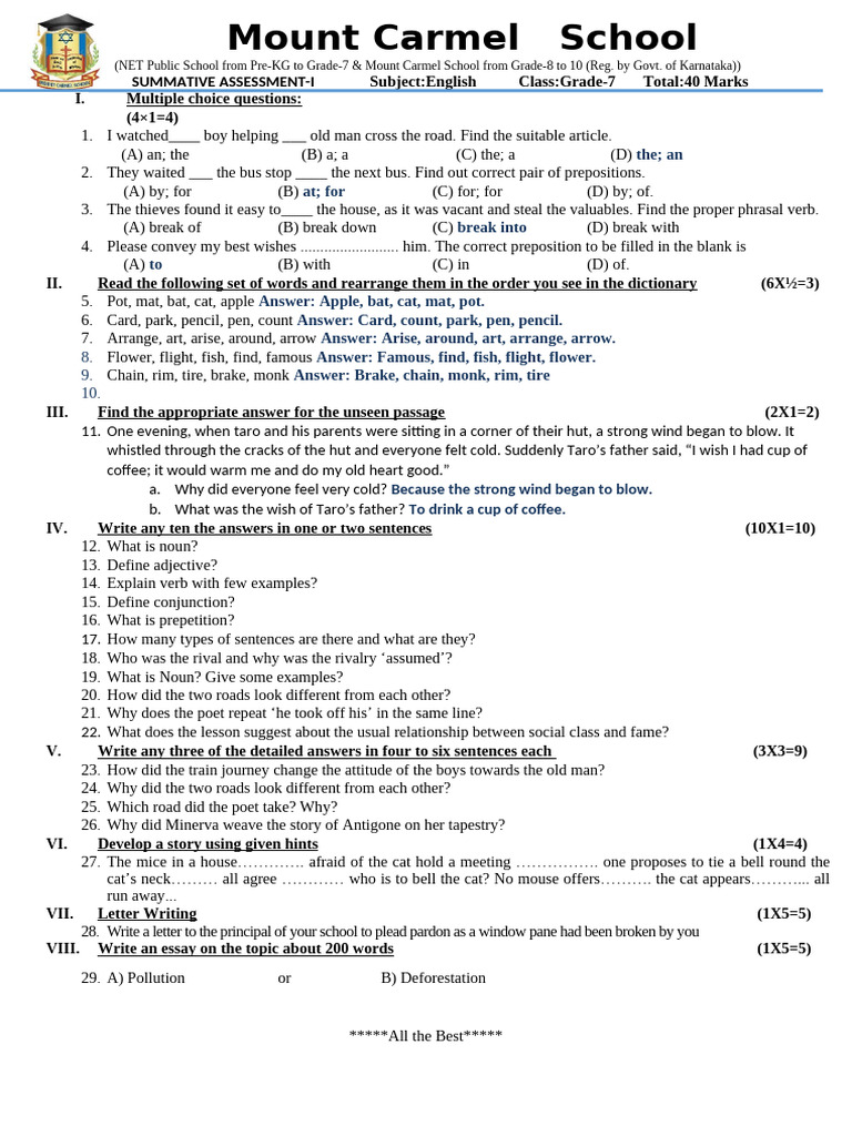 Answer Key of G-07 English SA-1 | PDF | Linguistic Morphology | Linguistics