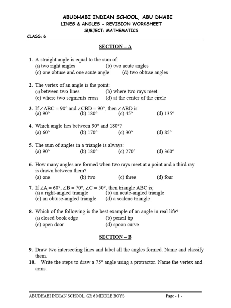 1 - GR 6 Lines and Angles Mid Term Revision Worksheet | PDF | Triangle ...