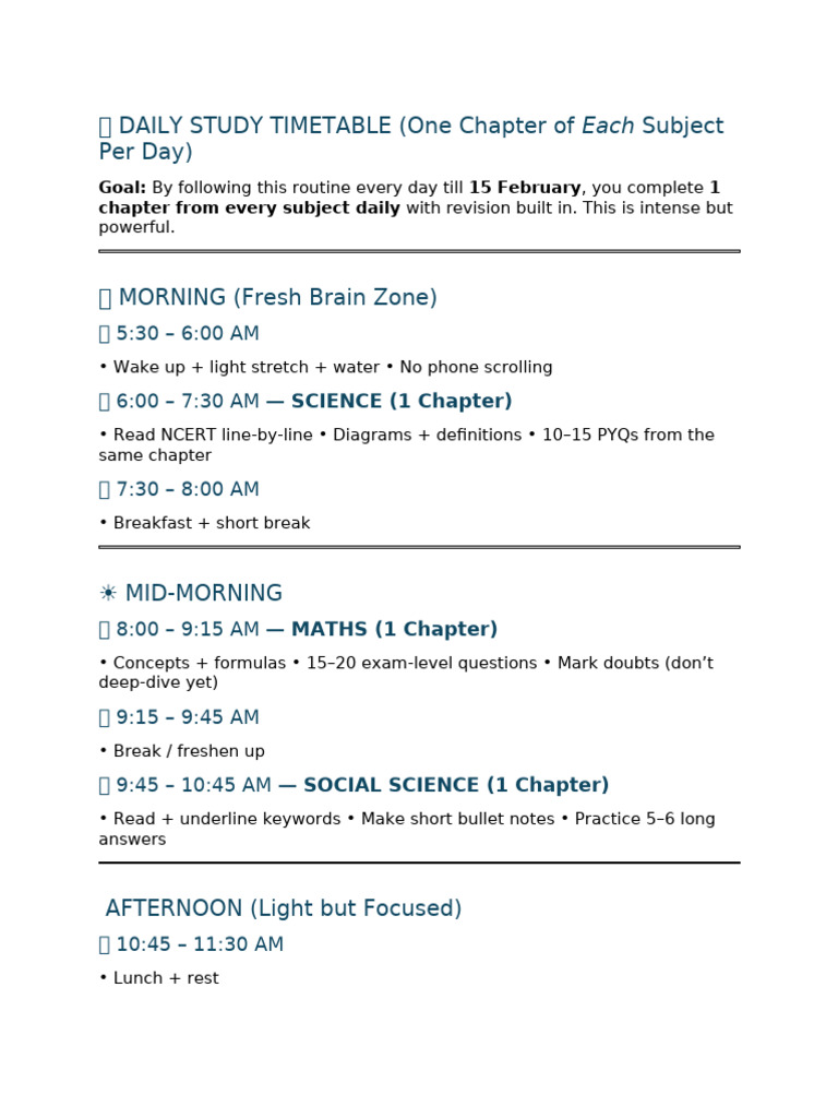 Daily One‑Chapter‑Per‑Subject Study Timetable (Till 15 Feb) | PDF ...
