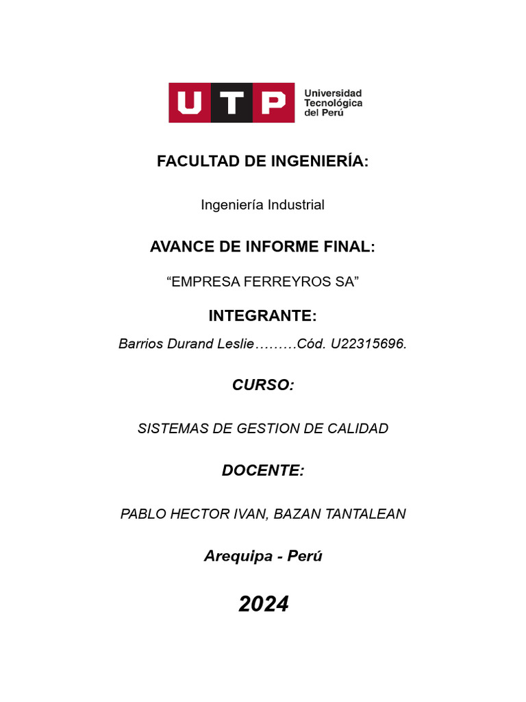 2do AVANCE DE INFORME - GESTION DE LA CALIDAD | PDF | Calidad ...